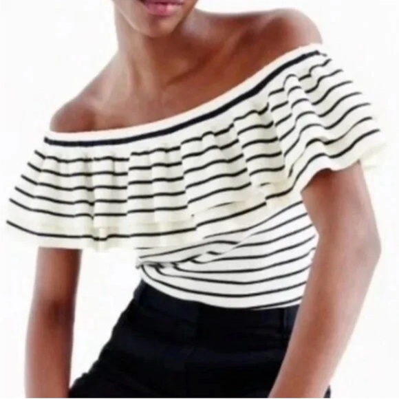 J. Crew Off The Shoulder Ruffle Knit Sweater Top. Cream & navy stripe. Size S. - Picture 1 of 8